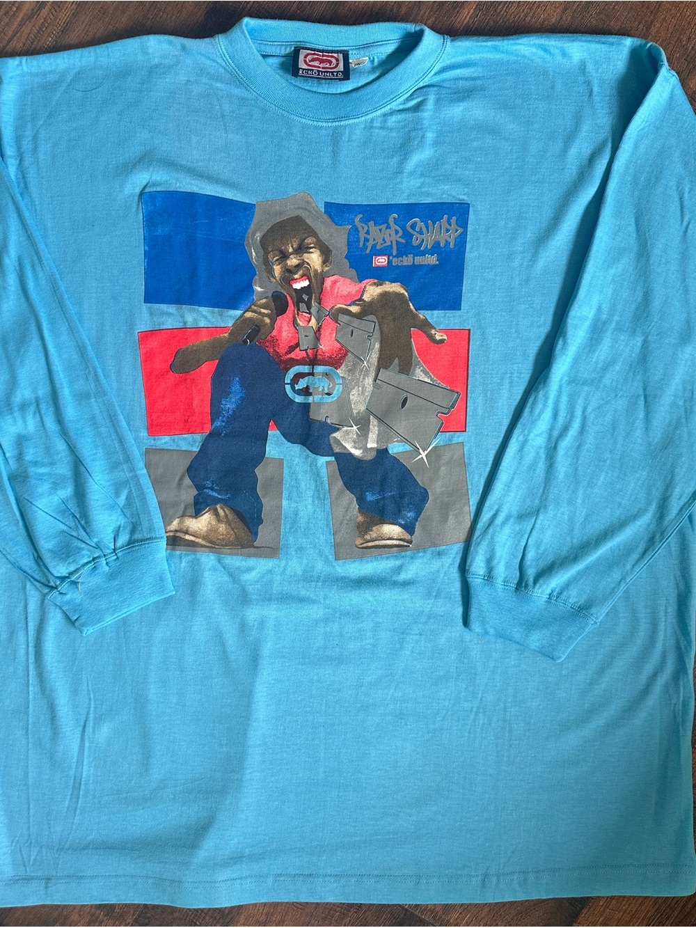 Vintage Y2K Ecko Unltd Long Sleeve Graphic Rap Tee Men 2XL Blue Hip Hop Shirt